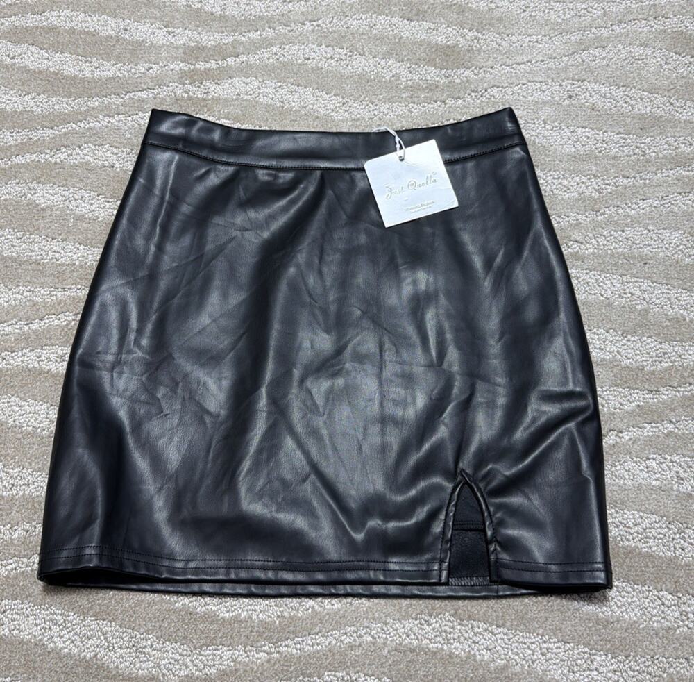 Just Quella Black Faux Leather Lined Split Hem Mini Skirt Size M NWT